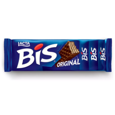 Embalagem azul do chocolate Bis Original da Lacta com texto BIS e uma imagem do chocolate