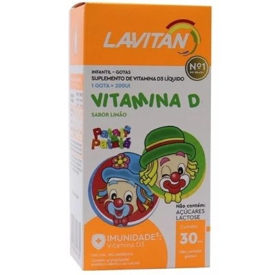 Embalagem de suplemento líquido de Vitamina D3 para crianças com cores laranja e branca e desenho de palhaços