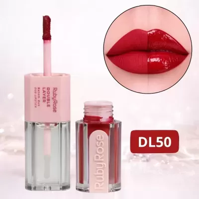 Batom líquido duo vermelho Ruby Rose Double Layer DL50 com aplicação mate e brilho.