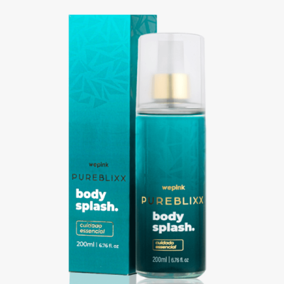 Frasco e embalagem de body splash turquesa com texto branco e dourado