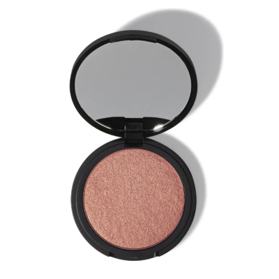 Pó compacto rosa brilhante em estojo preto com espelho