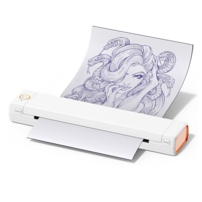 Impressora portátil branca a imprimir desenho de mulher com cabelo de serpentes