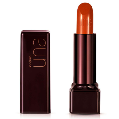 Batom laranja queimado com embalagem castanha escura com tampa