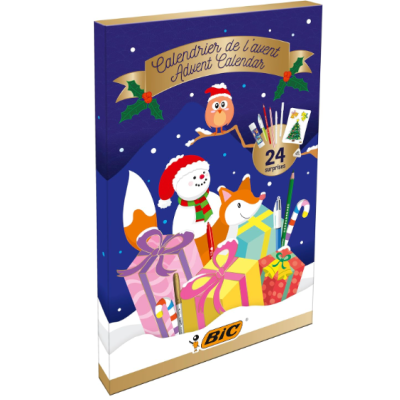 Caixa calendário de advento BIC com ilustrações natalinas e texto em francês e inglês
