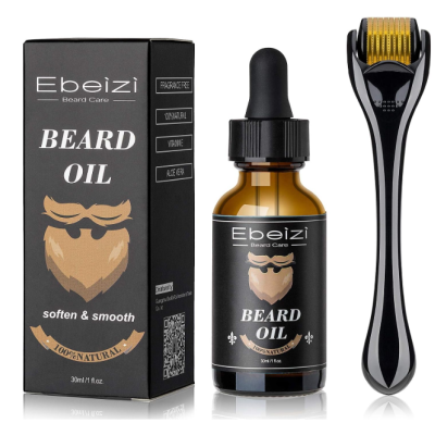 Óleo para barba Ebeizi com embalagem preta e frasco âmbar junto a um rolo de microagulhas preto e dourado