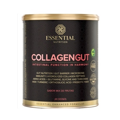 Lata preta e dourada de suplemento COLLAGENGUT da Essential Nutrition