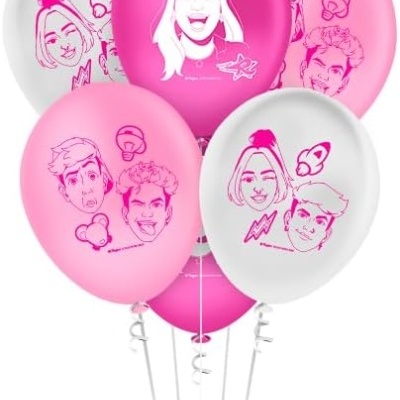 Balões de látex rosa claro, rosa escuro e branco com desenhos de caricaturas e símbolos em rosa