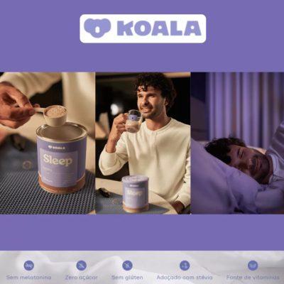 Produto KOALA Sleep em embalagem roxa com suplemento em pó, homem a preparar e beber, e a dormir, com ícones informativos
