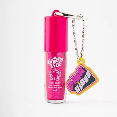 Gloss labial rosa brilhante da marca Emilly Vick com chaveiro PINK VIBES