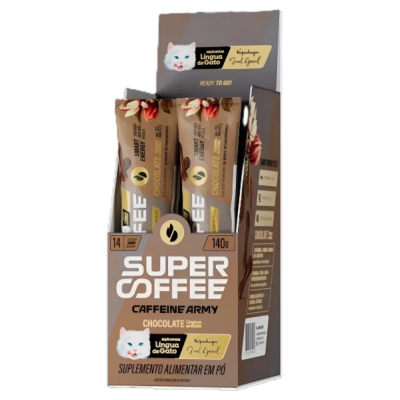 Caixa de suplemento alimentar Super Coffee Caffeine Army sabor chocolate com 14 saquetas e imagem de gato branco.
