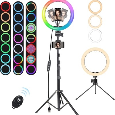 Anel de luz LED com tripé e controle remoto, várias opções de cor e suporte para telemóvel