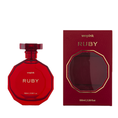 Frasco de perfume vermelho junto a caixa vermelha com janela octogonal