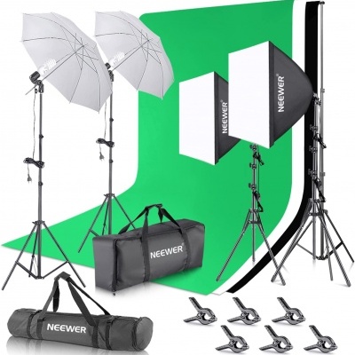 Conjunto de iluminação de estúdio fotográfico Neewer com guarda-chuvas, softboxes, fundo fotográfico e acessórios