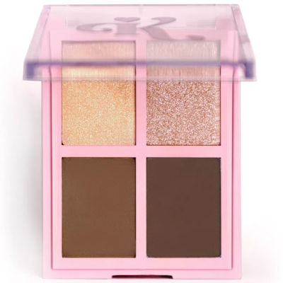 Paleta de sombras de olhos com quatro cores em embalagem rosa e tampa transparente