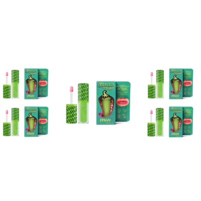 Batom líquido em embalagem verde com padrão de folhas e caixa com ilustração de malagueta