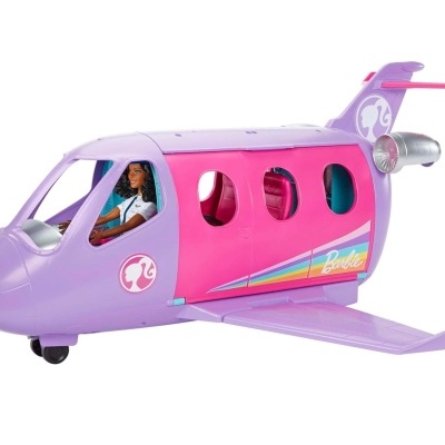 Avião de brinquedo cor-de-rosa e lilás com janelas ovais e figura de piloto visível