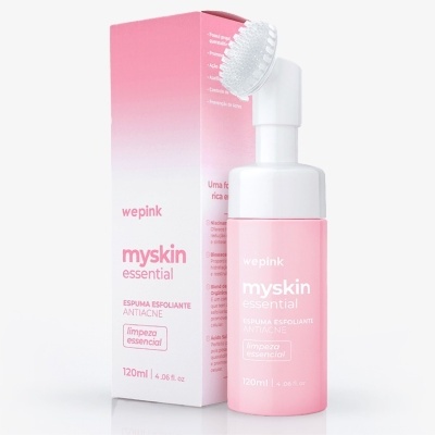 Frasco rosa de espuma esfoliante antacne com caixa correspondente