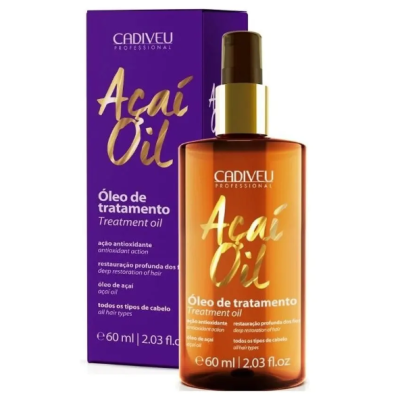 Frasco âmbar de óleo de tratamento Açaí Oil com caixa roxa