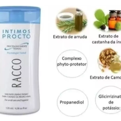 Embalagem de sabonete líquido íntimo RACCO e ingredientes naturais e químicos descritos