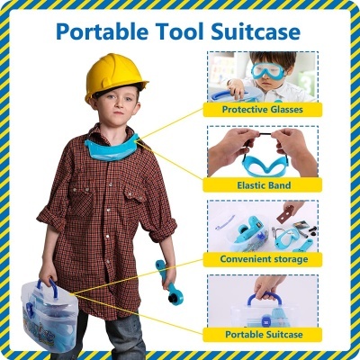 Mala portátil de ferramentas infantis, menino com capacete amarelo e óculos azuis, mala transparente com alça azul.