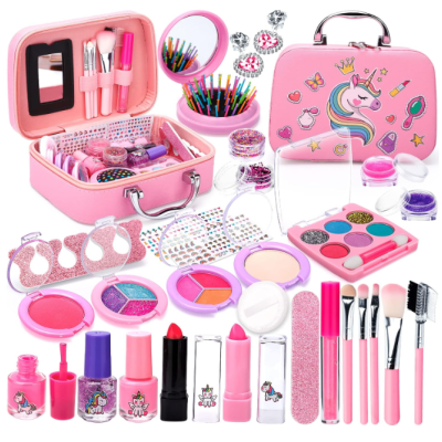 Conjunto de maquilhagem infantil cor-de-rosa com padrão de unicórnio e acessórios variados