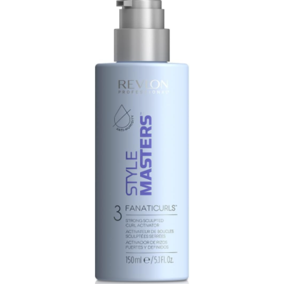 Frasco azul claro da marca Revlon Style Masters para cabelo com tampa de bomba.