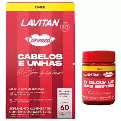 Suplemento alimentar Lavitan Carmed para cabelos e unhas em embalagem vermelha e amarela