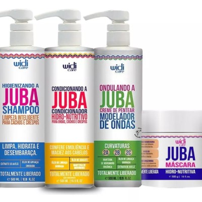 Conjunto de produtos para cabelo Widi Care Juba em frascos brancos com texturas e cores vibrantes