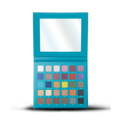 Paleta de sombras de olhos com 30 cores num estojo azul com espelho