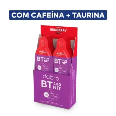 Embalagem roxa com frascos vermelhos do suplemento Dobro BT 400 NIT sabor Redberry