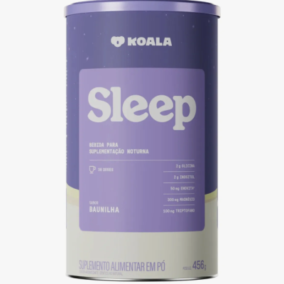 Lata roxa e creme de suplemento em pó Sleep da Koala sabor baunilha