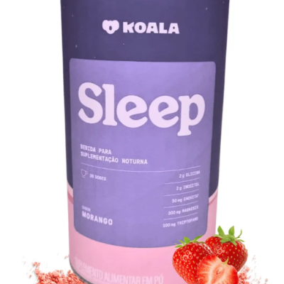 Embalagem cilíndrica roxa e rosa do suplemento KOALA Sleep sabor morango com morangos e pó na base