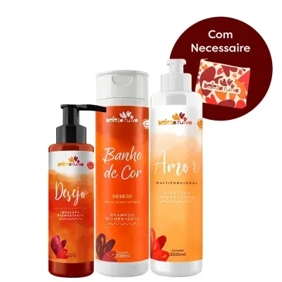 Produtos de cuidado capilar beleza ruiva com máscara, shampoo, hidratante e nécessaire