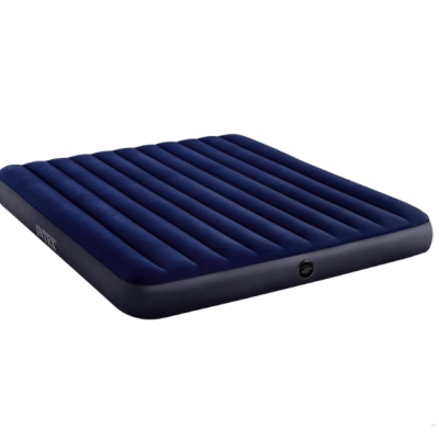 Colchão insuflável azul escuro com linhas horizontais e texto INTEX