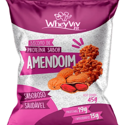Pacote roxo e branco de biscoito de proteína sabor amendoim Whey Viv Fit