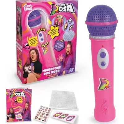 Microfone de brinquedo rosa e lilás com acessórios e embalagem colorida