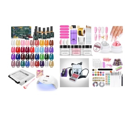 Kit completo para unhas com vernizes coloridos, acessórios e equipamentos de manicure