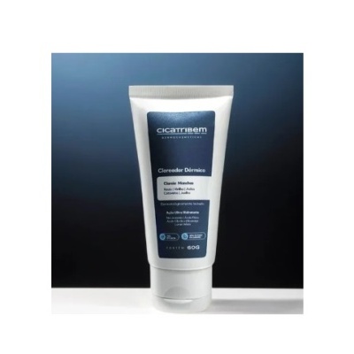 Bisnaga de creme clareador dérmico com rótulo azul escuro