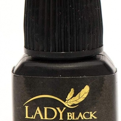 Frasco preto pequeno com tampa preta e rótulo LADY BLACK cola para extensão de pestanas