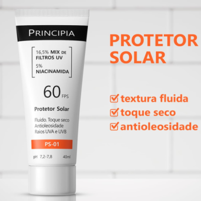 Frasco branco de protetor solar PRINCIPIA com texto informativo e texto laranja ao lado