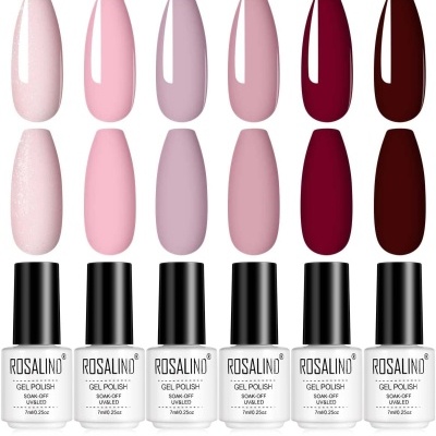 Seis frascos de verniz gel Rosalind com amostras de cor em tons rosa, vinho e castanho escuro