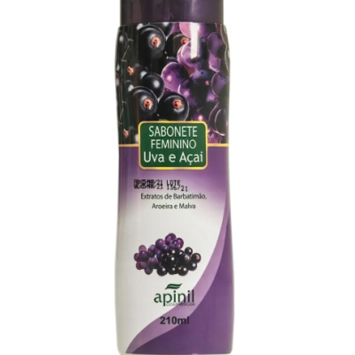 Frasco roxo e branco de sabonete feminino Uva e Açaí apinil cosméticos 210 ml