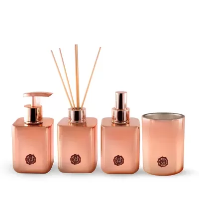 Conjunto cobre metálico com dispensador, difusor, spray e recipiente cilindrico