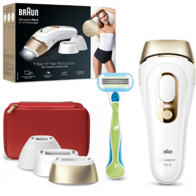 Aparelho de depilação branco com dourado Braun Silk-expert Pro 5 com acessórios e caixa