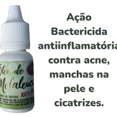 Frasco branco com óleo de melaleuca e texto promocional ao lado
