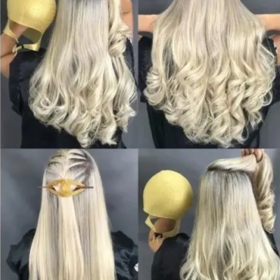 Peruca loira ondulada e lisa com touca amarela