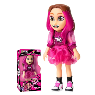 Boneca rosa com vestido e cabelo, e caixa rosa ao lado.