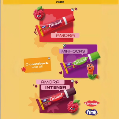 Três tubos de goma CARMED Fini com sabores e ilustrações distintas sobre fundo amarelo.