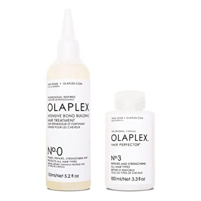 Frascos de tratamento capilar OLAPLEX No 0 e No 3 com etiquetas brancas e texto preto