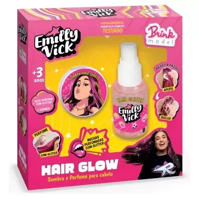 Caixa rosa e amarela com sombra para cabelo em embalagem redonda e frasco de perfume para cabelo, com textos e imagens passo a passo.
